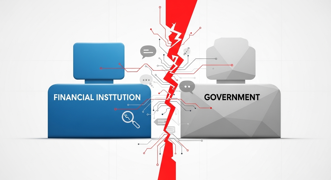 금융기관과 서민금융진흥원 사이의 소통 단절을 상징하는 이미지