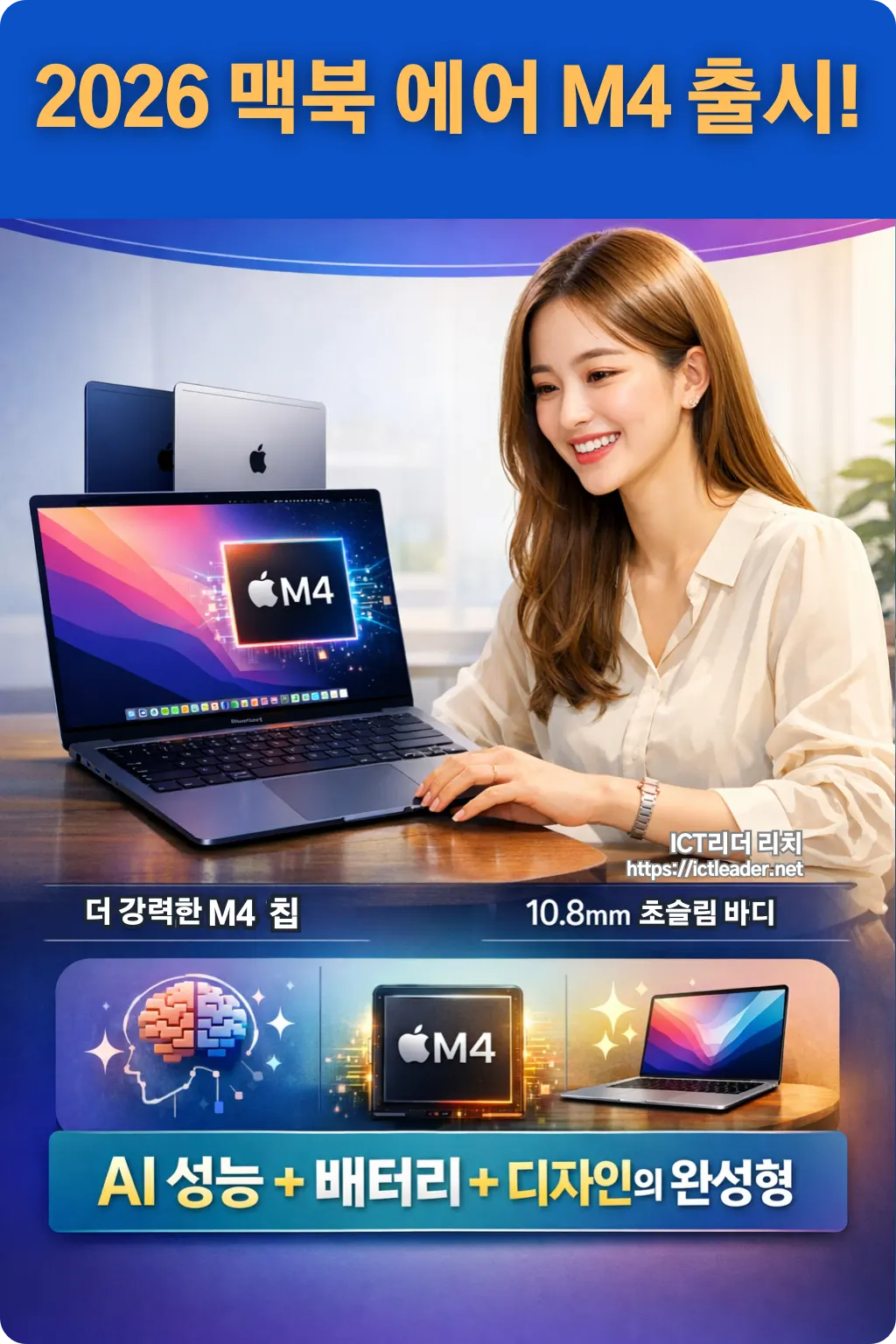 2026년형 맥북 에어 M4를 타이핑하며 밝은 미소를 짓고 있는 20대 여성의 고해상도 인포그래픽. 성능, 디자인, AI 기능을 강조한 세로형 구성.