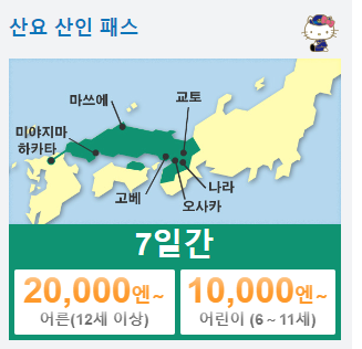 하카타에서 오사카까지 적용되는 7일 패스권