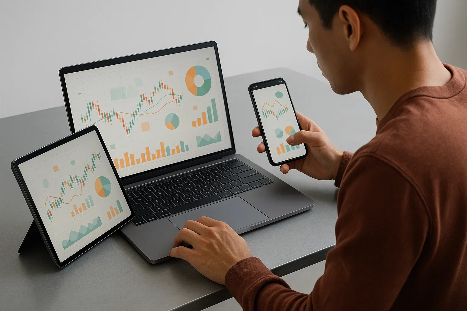 ETF 투자자가 스마트폰과 노트북으로 다양한 플랫폼을 비교하는 모습