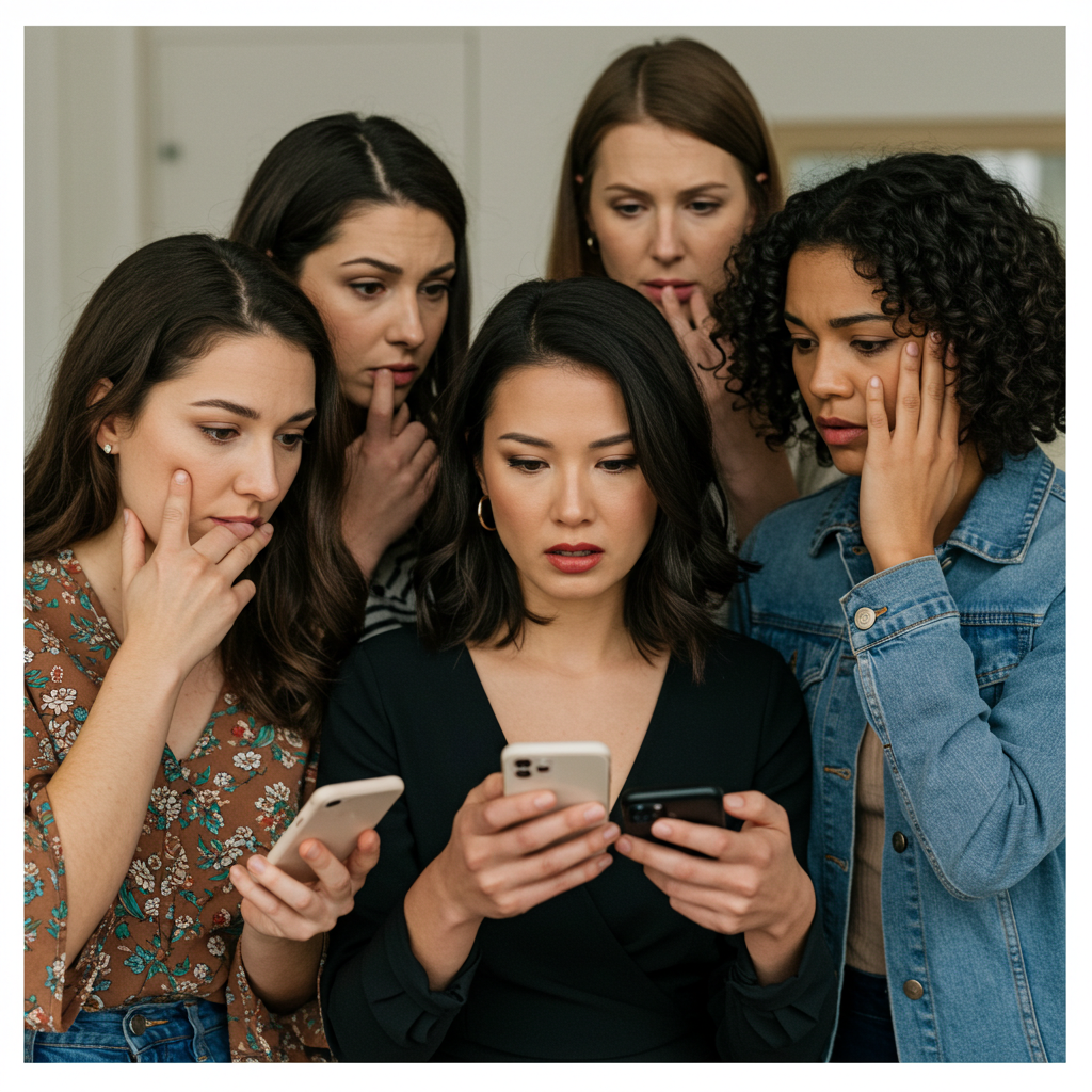 [이미지1] 50대 미만 젊은 여성들이 건강에 대해 고민하는 모습. 현대적이고 캐주얼한 의상을 입은 20-40대 여성들이 불안한 표정으로 스마트폰을 보며 자가진단 증상 리스트를 확인하고 있다. 부드러운 빛이 감도는 배경에 진지한 표정이 대비되어 심각성을 강조한다.