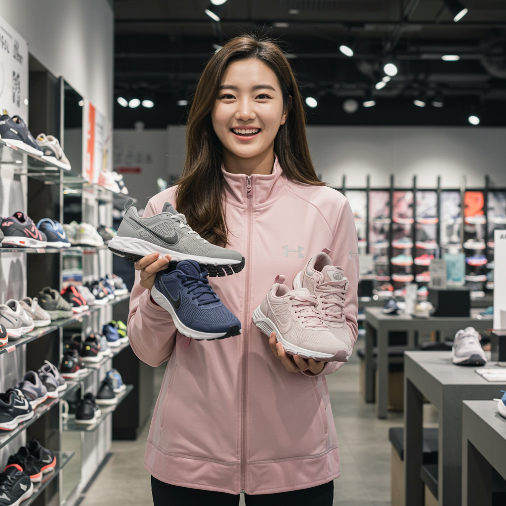운동화 매장에서 여성이 신발 3개를 소개하는 장면