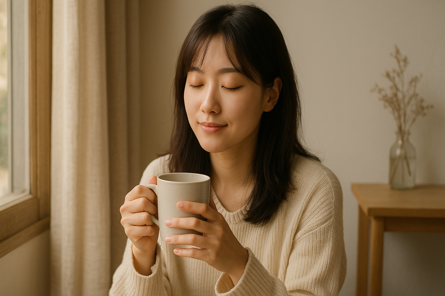 따뜻한 차를 마시며 힐링하고 있는 여성