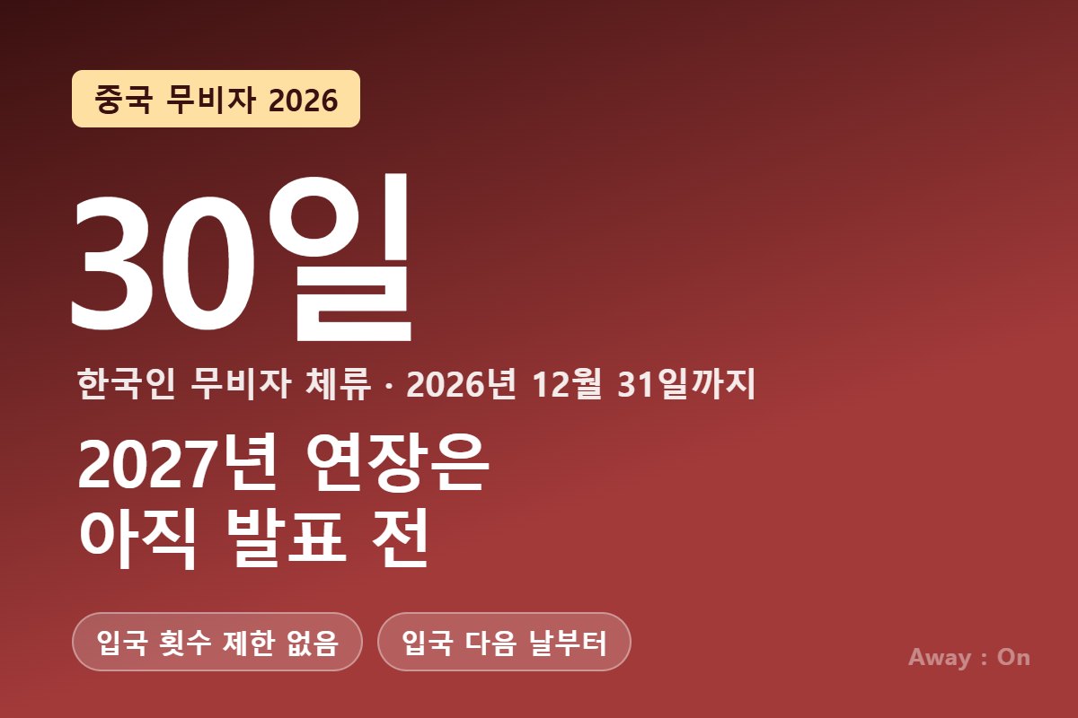 중국 무비자 2026 &mdash; 한국인 30일, 2026년 12월 31일까지, 2027년 연장은 아직 발표 전