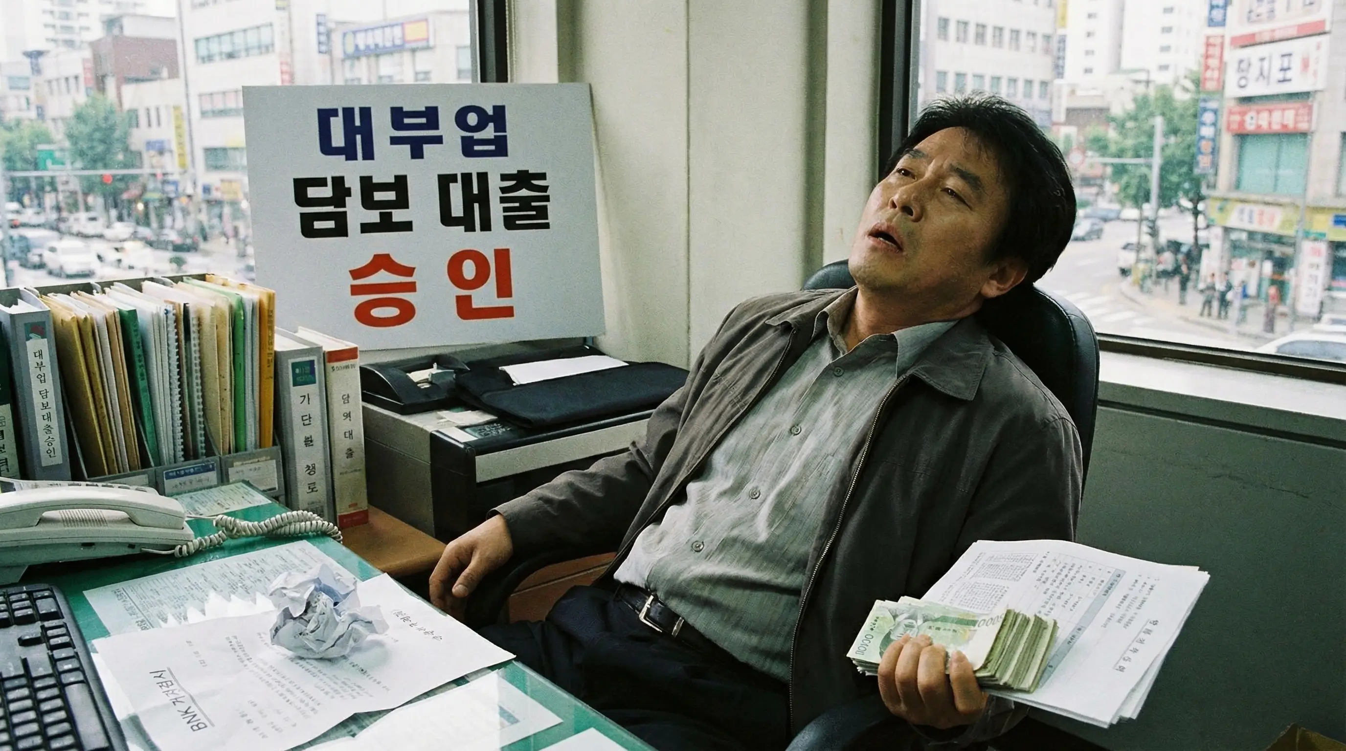 은행 대출 거절 후 대부업 담보 대출을 통해 새로운 자금 확보의 길을 찾고 안도하는 모습