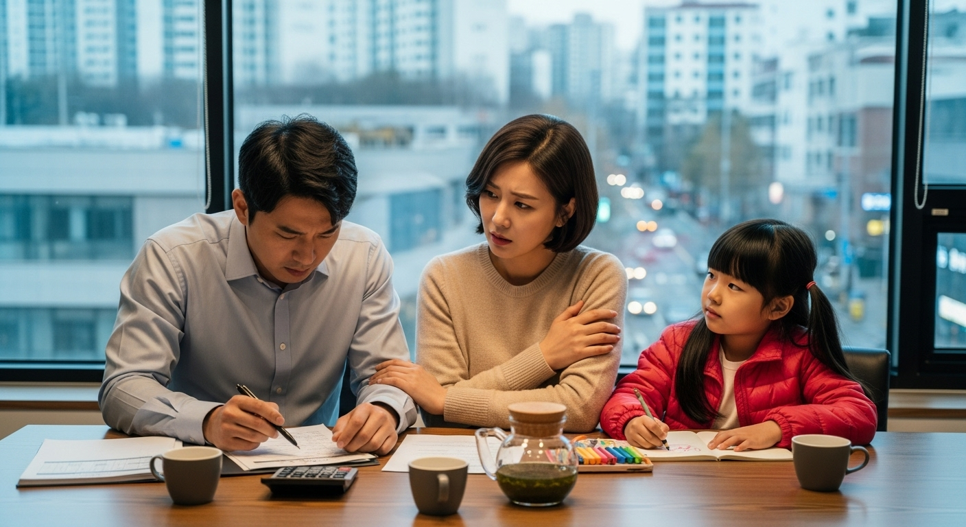 집을 매수하려는 가족이 대출이 부족해 고민하는 모습