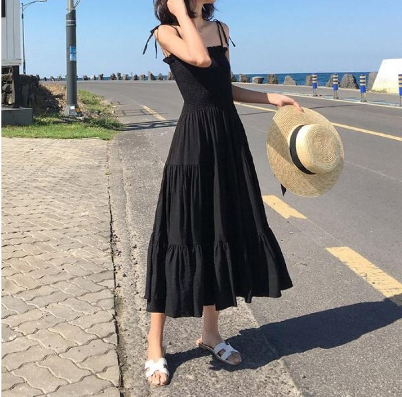 어깨 리본 끈나시 여름 뷔스티에 롱 원피스