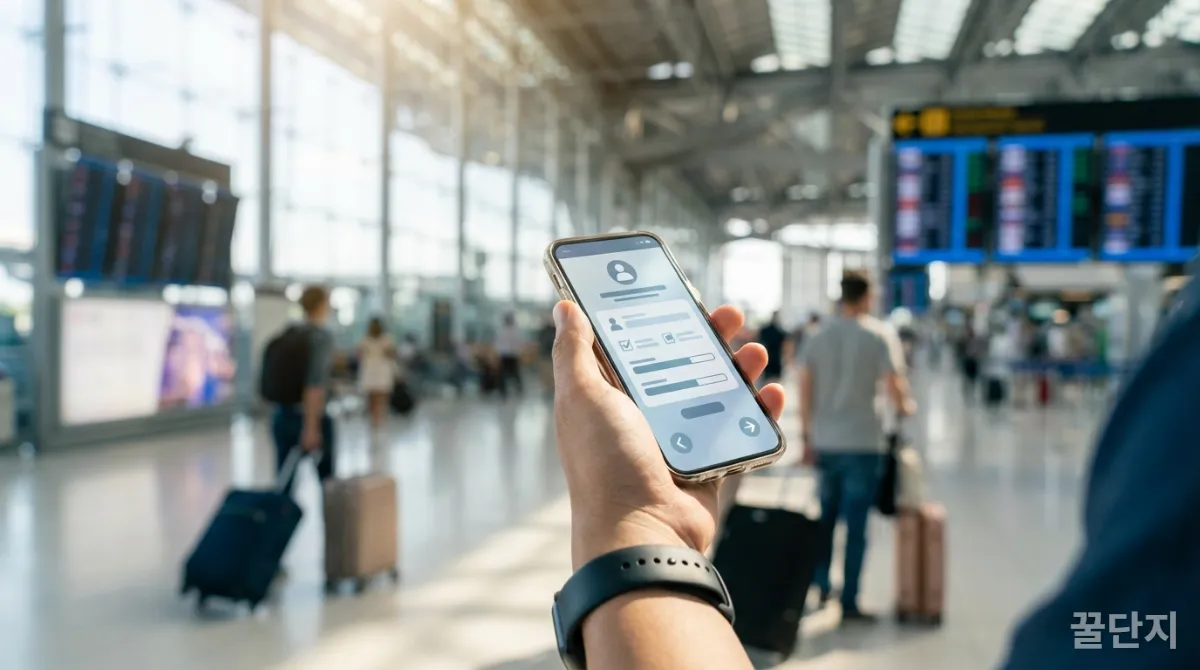 유럽 ETIAS 신청서를 확인하는 한국인 여행객의 손과 스마트폰