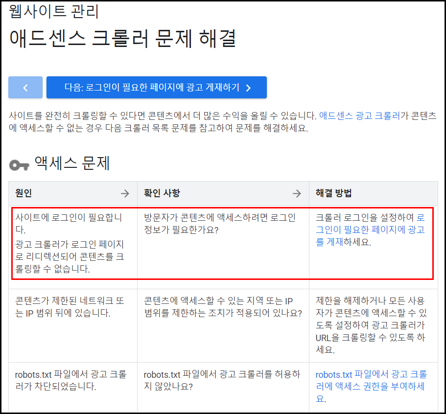 애드센스 크롤러 문제 해결 도움말 내용