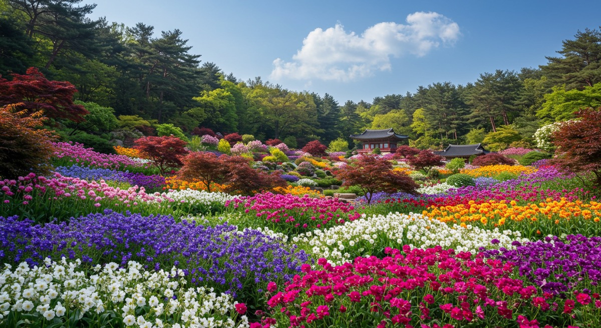 봄꽃이 만개한 아침고요수목원 하경정원의 화사한 전경
