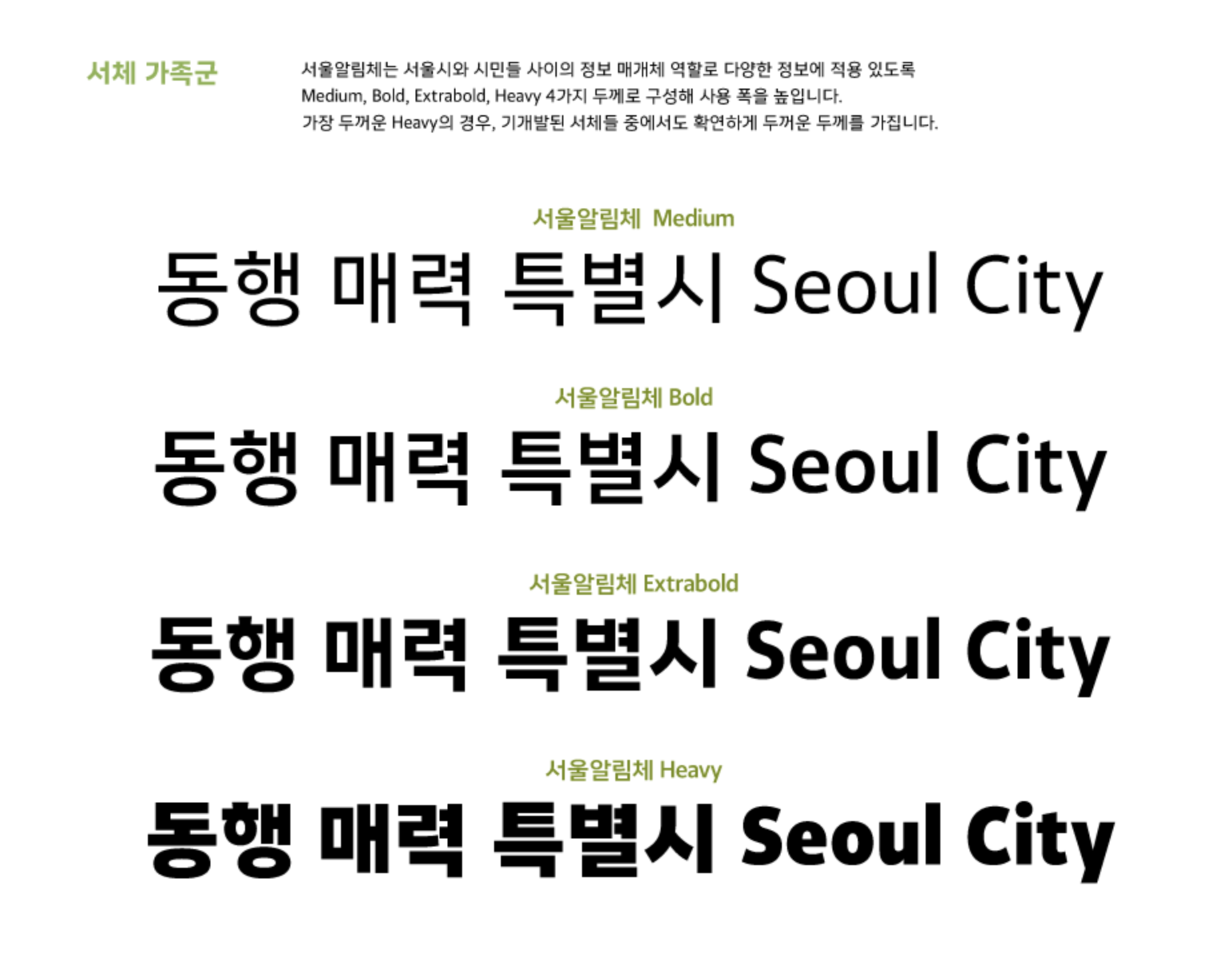 서울 알림체의 네 가지 굵기