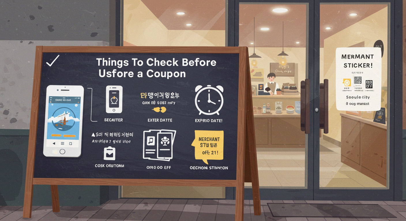 서울시 소비쿠폰 사용 전 확인해야 할 항목을 보여주는 체크리스트 일러스트
