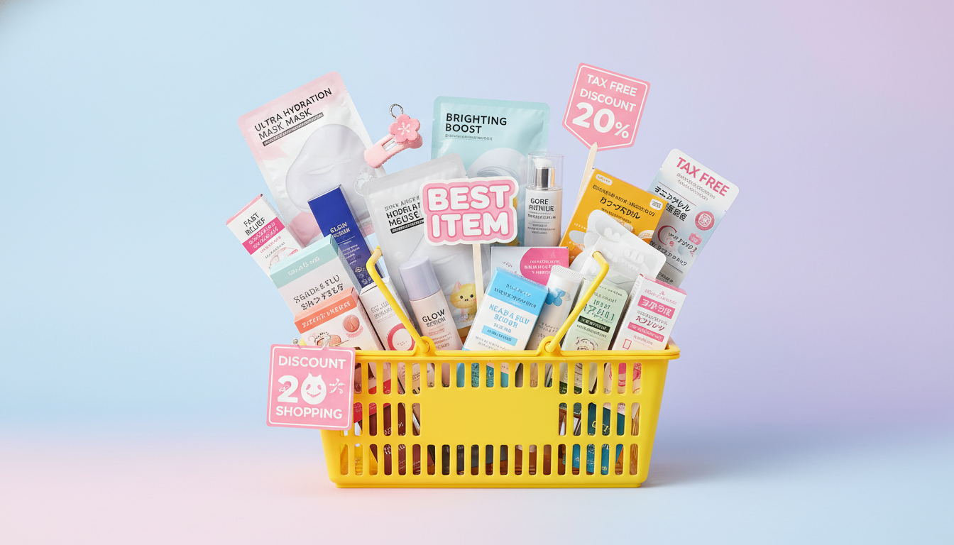 오사카 돈키호테 쇼핑 바구니에 가득 담긴 인기 화장품과 의약품