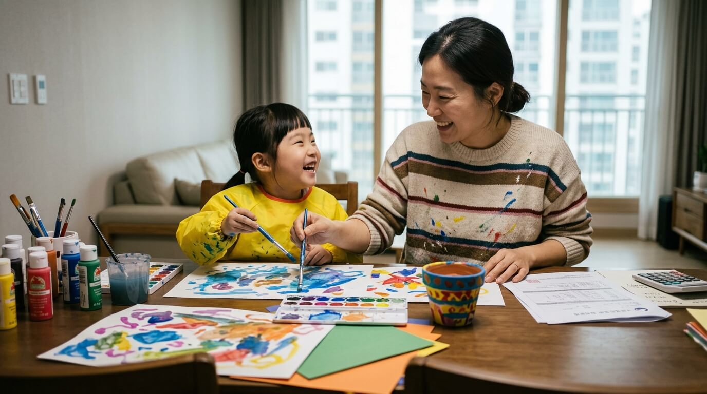 예체능 교육비 세액공제로 학원비 부담을 덜고 아이와 즐겁게 미술 놀이를 하는 엄마의 모습