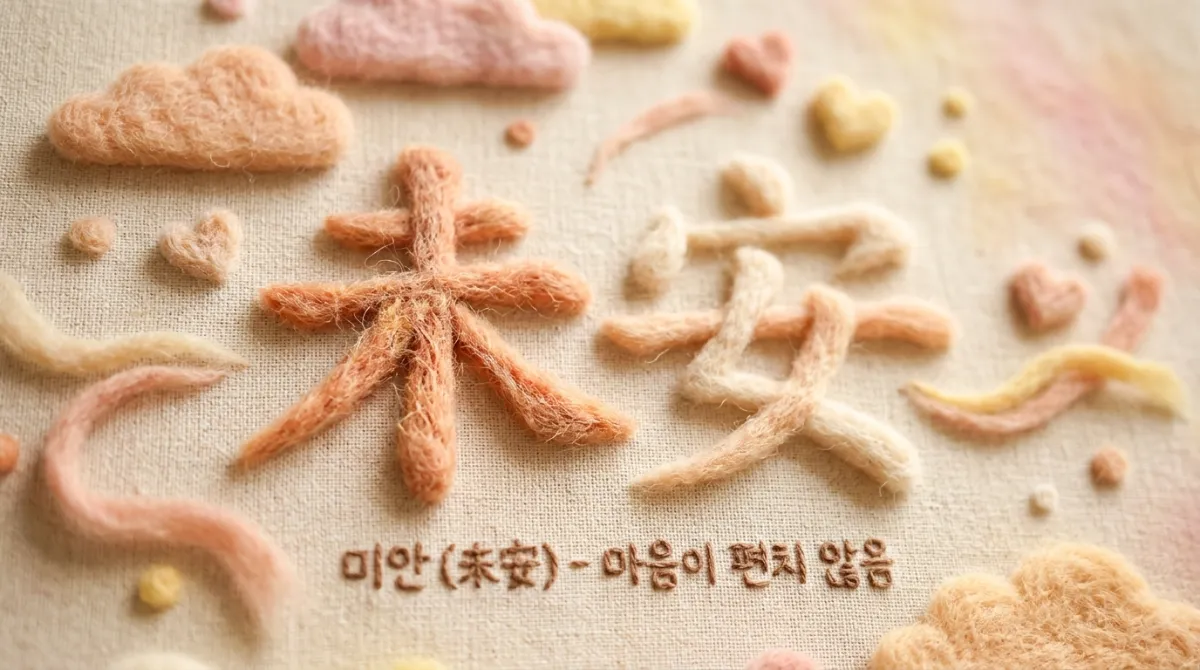 니들 펠트 양모로 표현한 미안 未安 한자 어원 개념 일러스트 - 따뜻한 파스텔 색상의 서예 작품