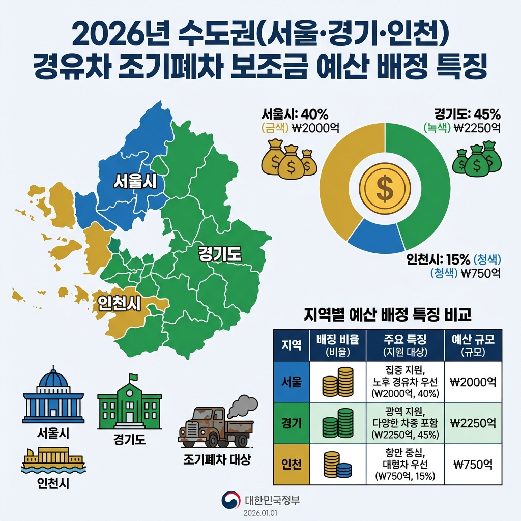 2026 수도권 서울 경기 인천 경유차 조기폐차지원금 예산 배정 특징