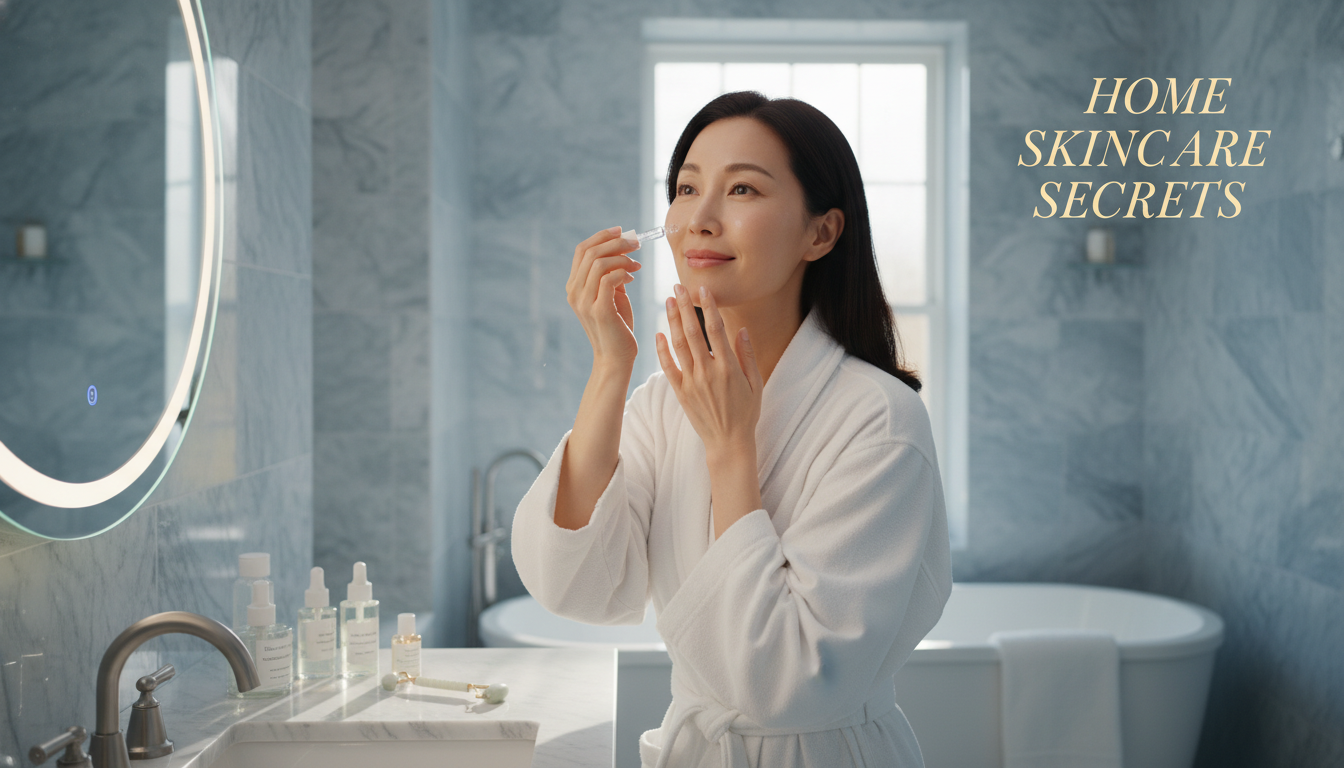 투명한 아기 피부를 자랑하는 여배우 느낌의 여성이 집에서 고급스러운 스킨케어를 하는 모습