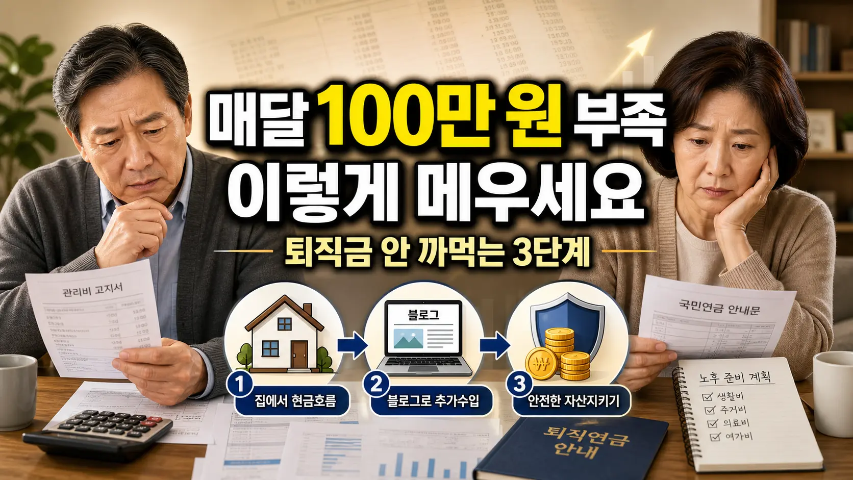 관리비 고지서와 국민연금 안내문을 보며 근심하는 5060 은퇴 부부의 모습 뒤로 '매달 100만 원 부족 이렇게 메우세요, 퇴직금 안 까먹는 3단계'라는 문구가 크게 적혀 있는 썸네일 이미지. 하단에는 1단계 집에서 현금흐름(주택연금), 2단계 블로그로 추가 수입(방구석 N잡), 3단계 안전한 자산 지키기(건보료·세금 방어)를 나타내는 아이콘이 순서대로 배치되어 은퇴 후 현실적인 현금흐름 로드맵을 시각적으로 보여줍니다.