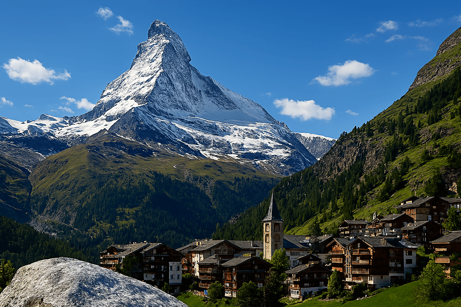 뾰족한 봉우리가 인상적인 마테호른을 배경으로, 아기자기한 목조 가옥들이 옹기종기 모여 있는 체르마트 마을 전경. 평화롭고 아름다운 스위스의 상징적인 풍경이다.