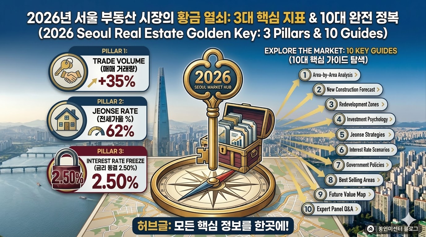 2026년 서울 부동산 시장의 3대 핵심 지표와 10대 영문 가이드 링크를 포함한 황금 열쇠 모양의 허브글 대표 썸네일