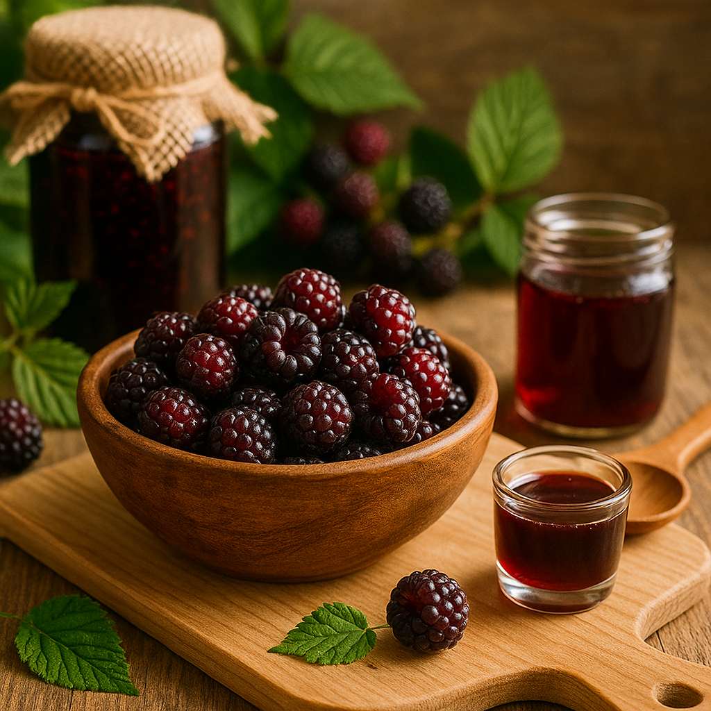 복분자와 복분자청이 담긴 나무 식탁 구성