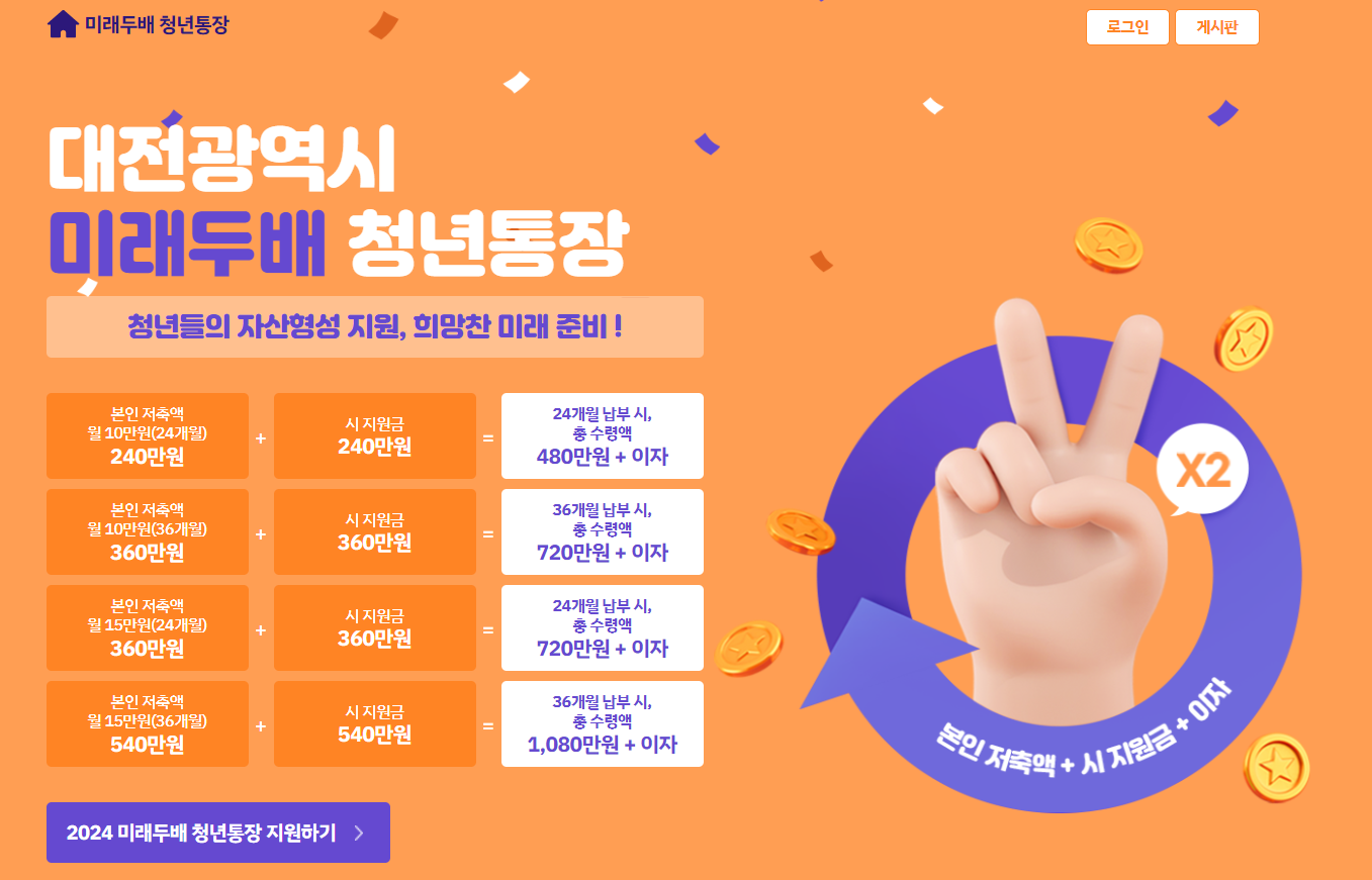 대전 미래두배 청년통장 신규모집 (최대 540만원 지원)