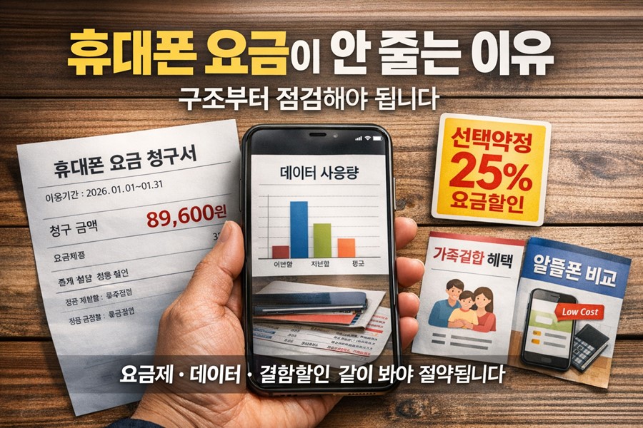 휴대폰 요금 고지서와 데이터 사용량, 선택약정 25퍼센트, 가족결합과 알뜰폰 비교가 함께 보이며 휴대폰 요금이 여러 구조로 새는 모습을 설명하는 이미지