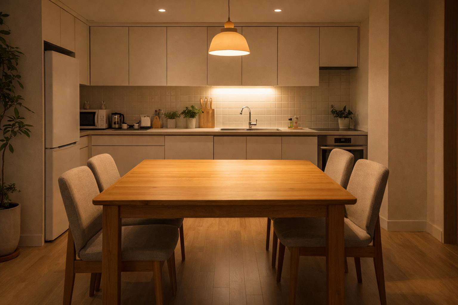 정리된 식탁과 깔끔한 조리대가 보이는 주방 풍수 인테리어