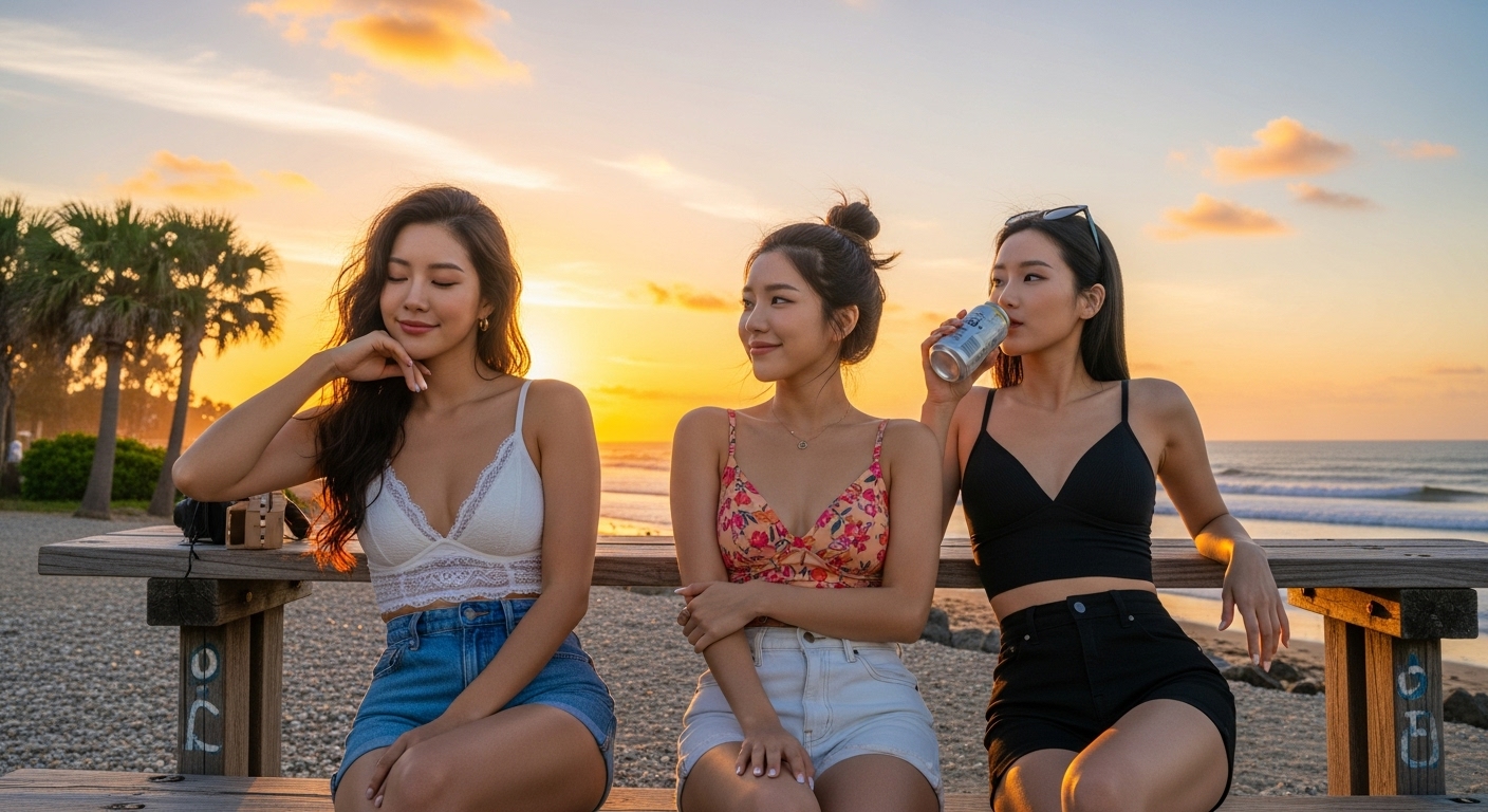 바닷가에서 쉬는 여성들