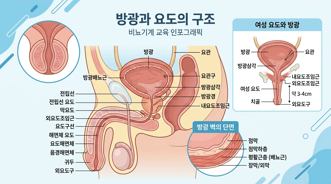 남성과 여성의 방광 및 요도 구조를 상세히 설명하는 의학 교육용 인포그래픽과 방광 벽의 단면 해부도