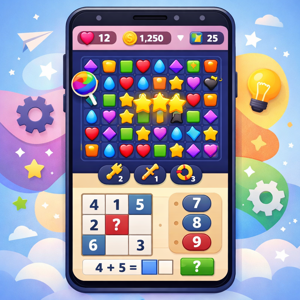 &ldquo;2025 mobile puzzle game trend illustration, smartphone screen with match3, logic puzzle, colorful UI, modern flat style