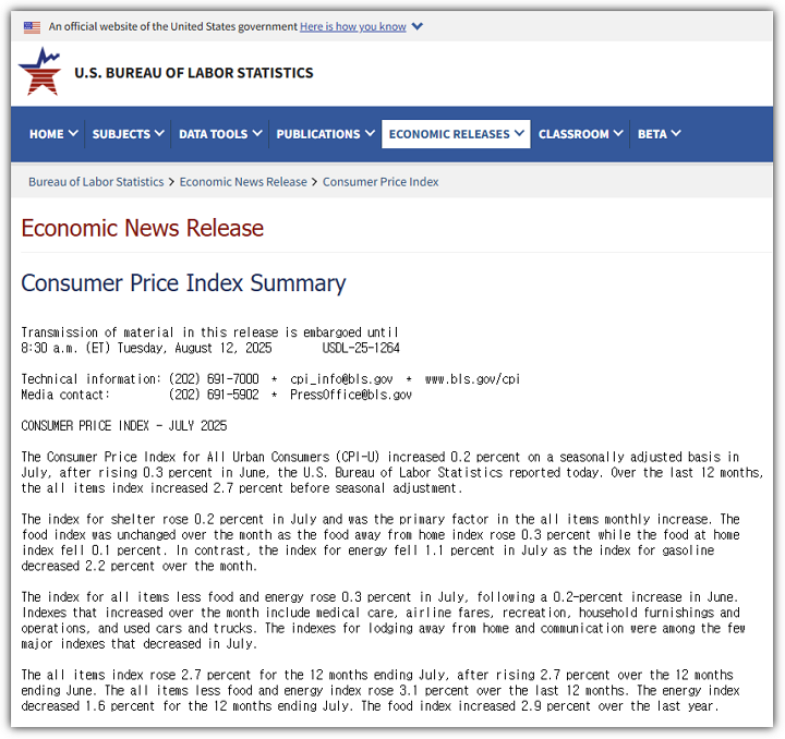 미국 7월 CPI 결과 발표 내용