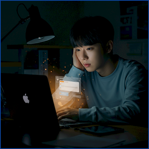 지친 직장인이 밤에 노트북으로 챗GPT와 대화하며 AI 멘탈 케어를 통해 위로받고 있다.