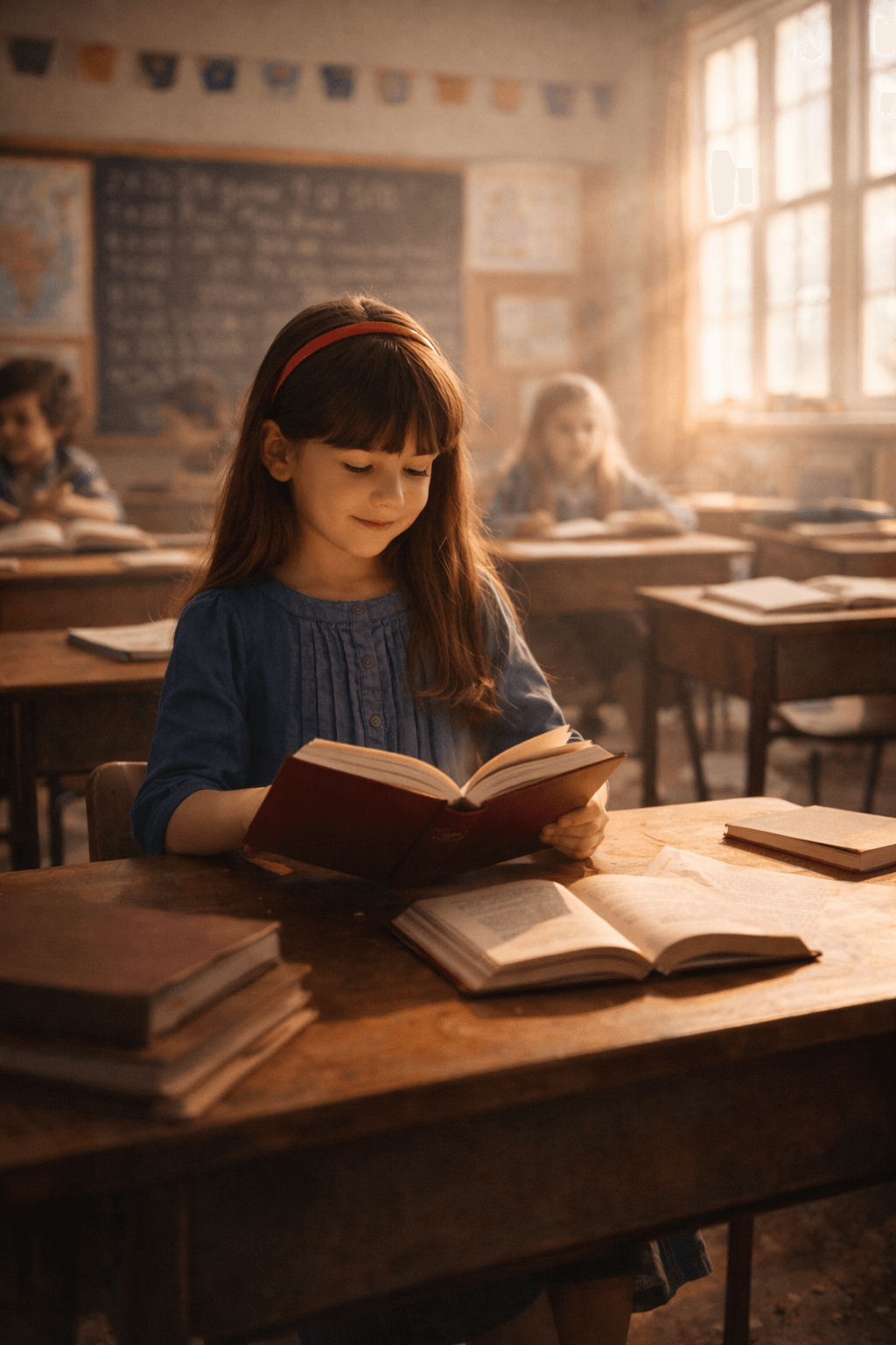 교실에서 책을 읽는 어린 소녀의 모습을 통해 영화를 표현한 AI이미지입니다.