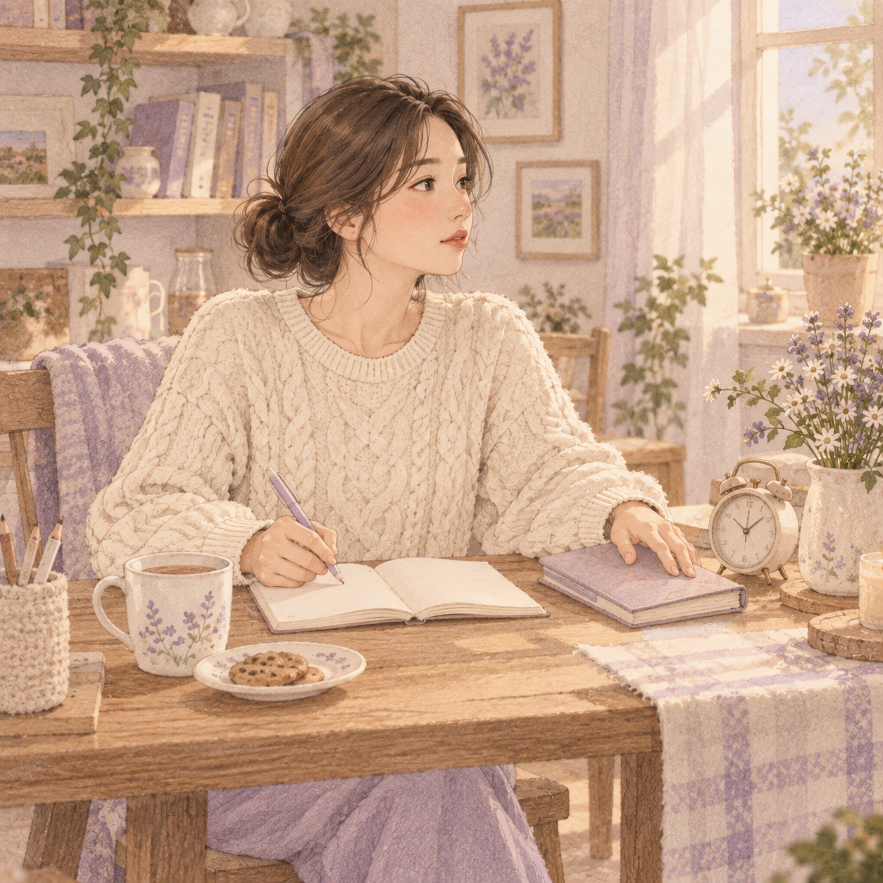 차와 시계 옆에서 할 일을 메모하는 은서의 일러스트