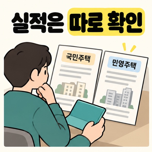 실적은 따로 확인 문구 아래 사용자가 통장을 들고 국민주택과 민영주택 안내서 두 장을 살펴보는 삽화