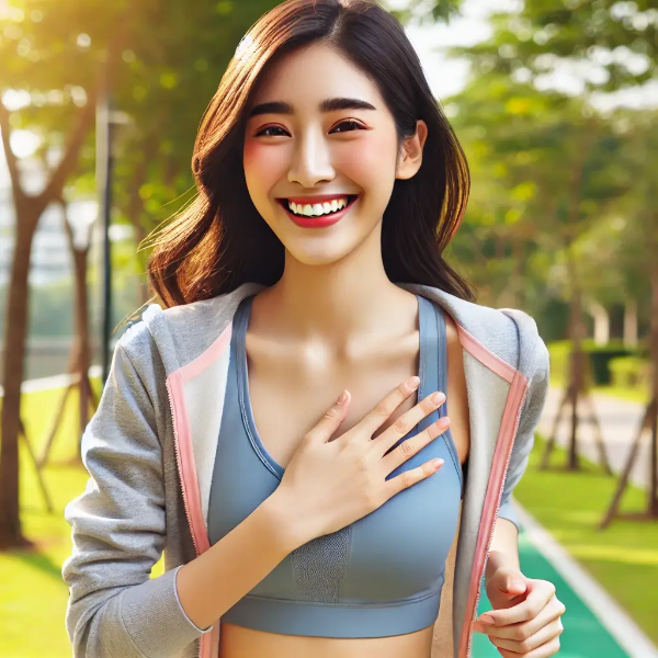 공원에서 가볍게 조깅하며 밝게 웃는 동양인 여성