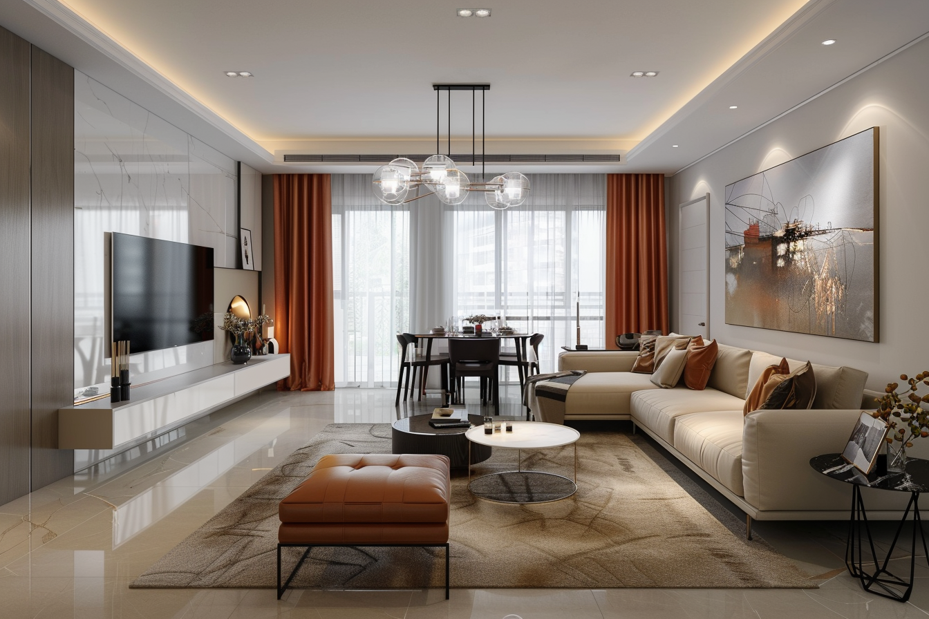 거실에서 다이닝과 주방으로 이어지는 직선 동선이 뚜렷하고, 소파와 TV 시야축이 맞춰지며 천장 코브 조명이 은은하게 비추는 현대식 인테리어 장면