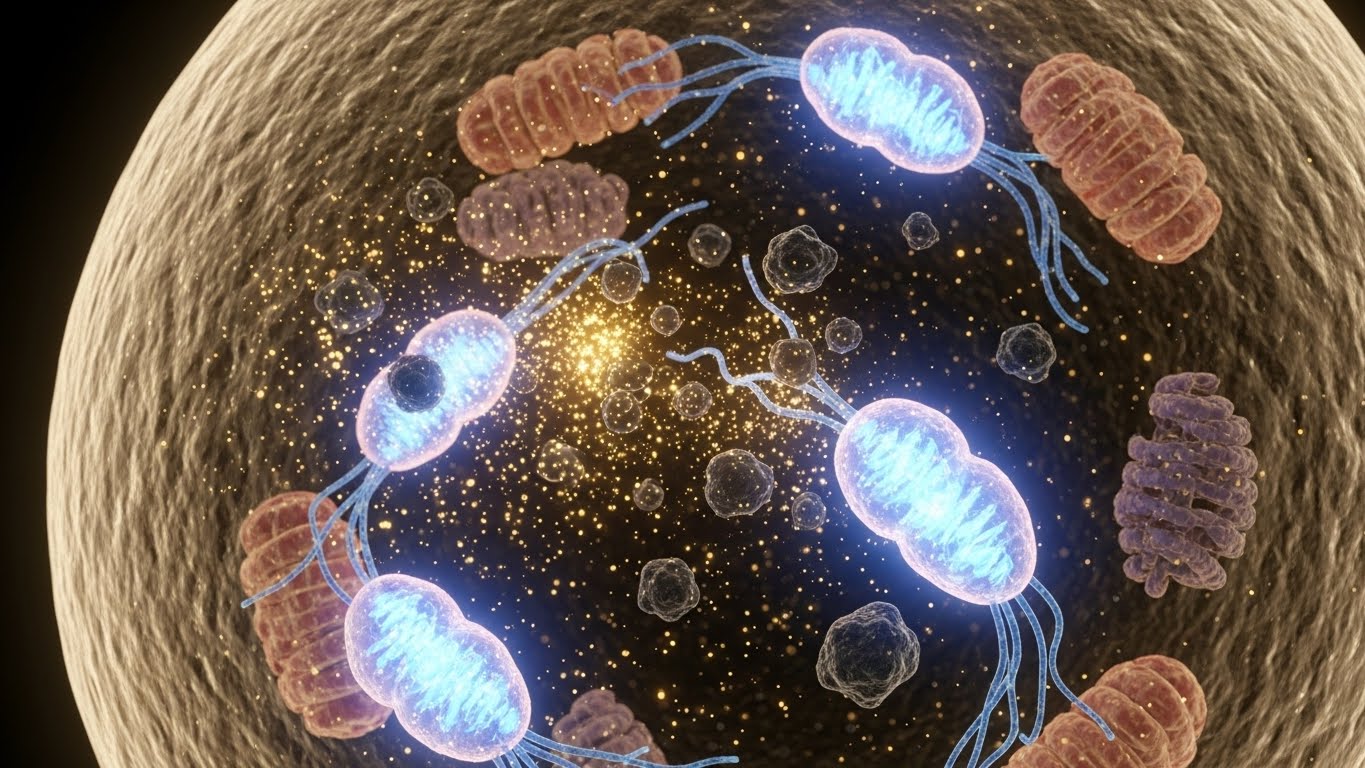 오토파지 시스템을 통해 세포 내부의 노폐물을 청소하고 에너지를 재생하는 과정의 시각화