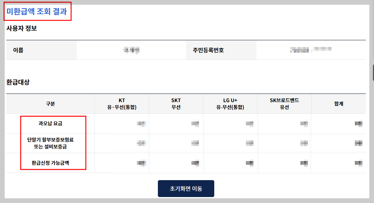 통신비 미환급금액 조회