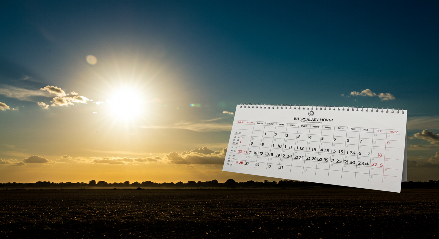 2025년 윤달을 설명하는 이미지 – 태양과 하늘 풍경 위에 표시된 달력 속 윤6월