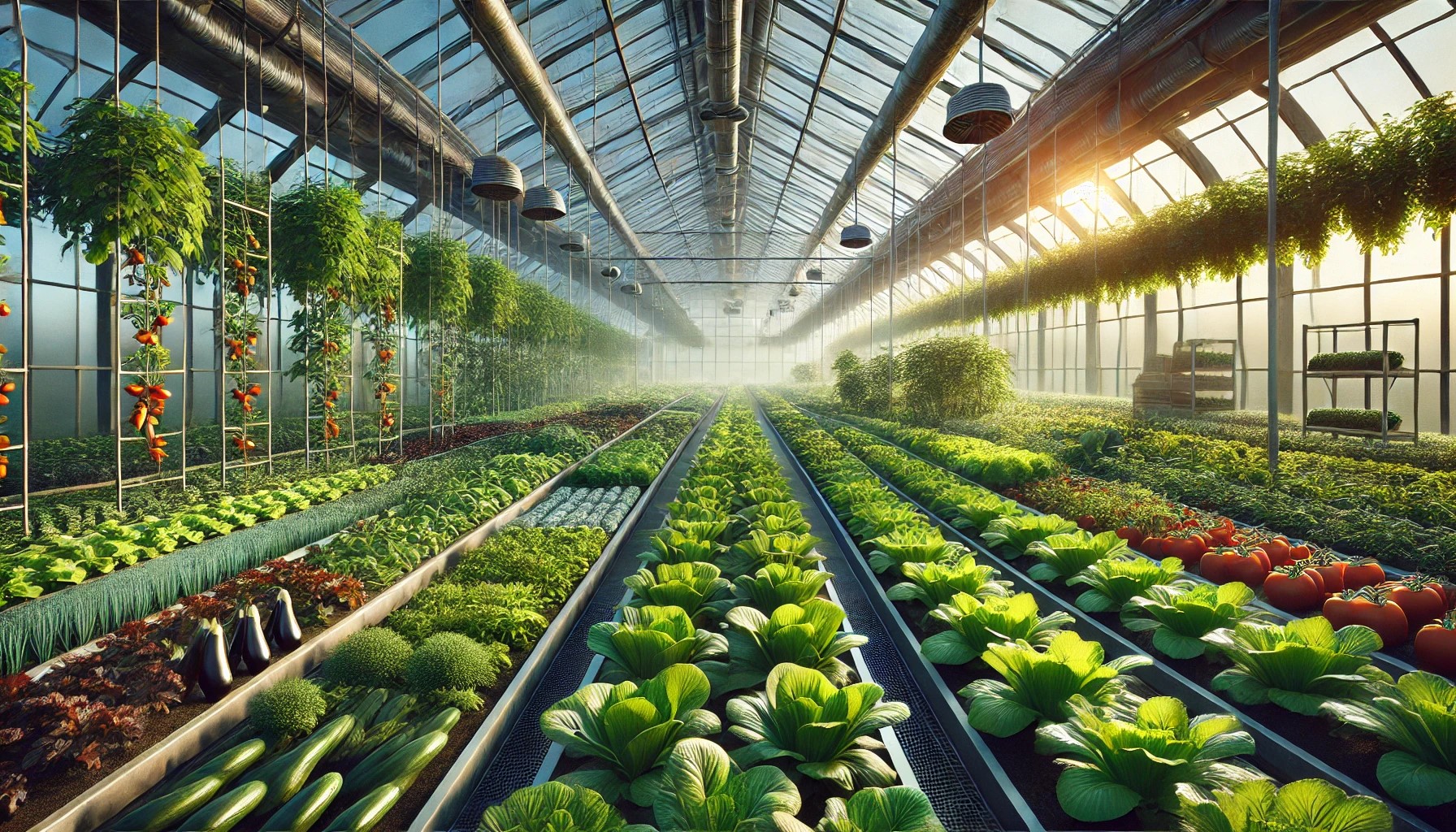 온실 속 계절별 작물 재배 장면을 사실적으로 표현한 이미지