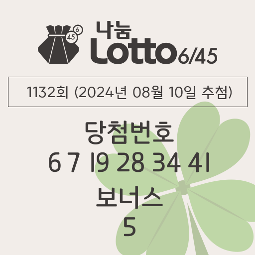 로또당첨번호조회 1132회 (2024년 08월 10일 추첨) 1등 당첨 번호 6 7 19 28 34 41 보너스 5, 1등 당첨 판매점 동행복권 로또645