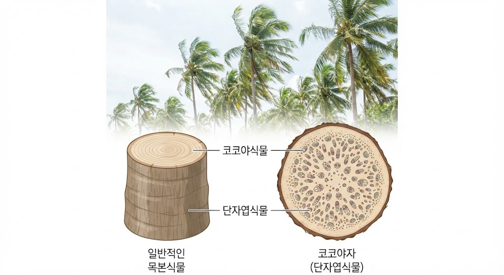 본문의 '먼저 알아야 할 것' 파트입니다. 코코넛을 일반적인 나무와 다른 '단자엽식물'로 정의합니다. 일반 목본식물의 나이테 구조와 달리, 형성층 없이 곧게 자라며 섬유관다발로 이루어진 코코야자 줄기의 독특한 단면을 확대하여 보여줍니다. 배경에는 키가 크고 곧게 뻗은 코코넛 야자수 숲을 배치했습니다.