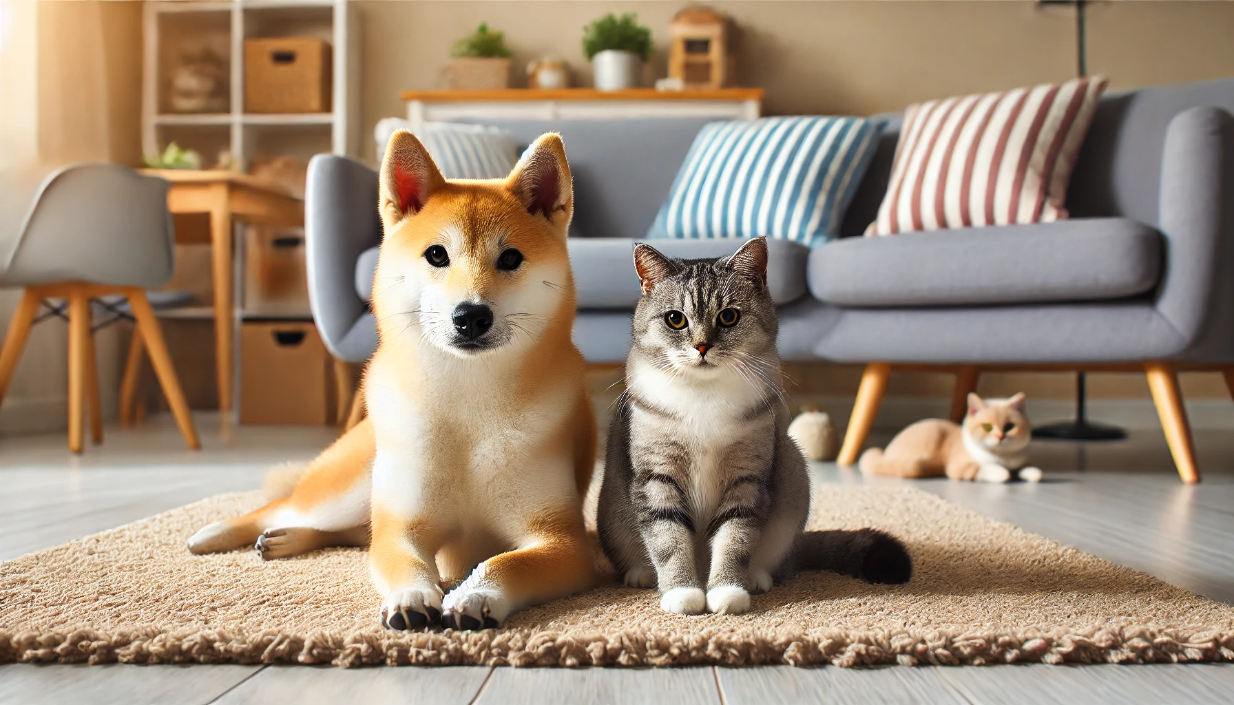 강아지와 고양이가 거실에서 사이좋게 나란히 앉아 있는 장면