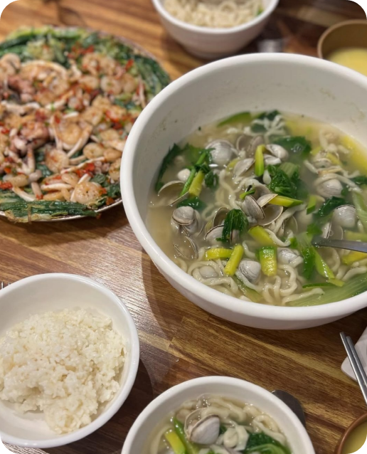 동죽칼국수 &amp; 새우해물파전 &amp; 알밤막걸리 냠냠