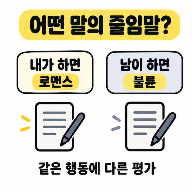 내가 하면 로맨스와 남이 하면 불륜이라는 문구를 동일한 문서와 펜 그림으로 대비한 줄임말 설명