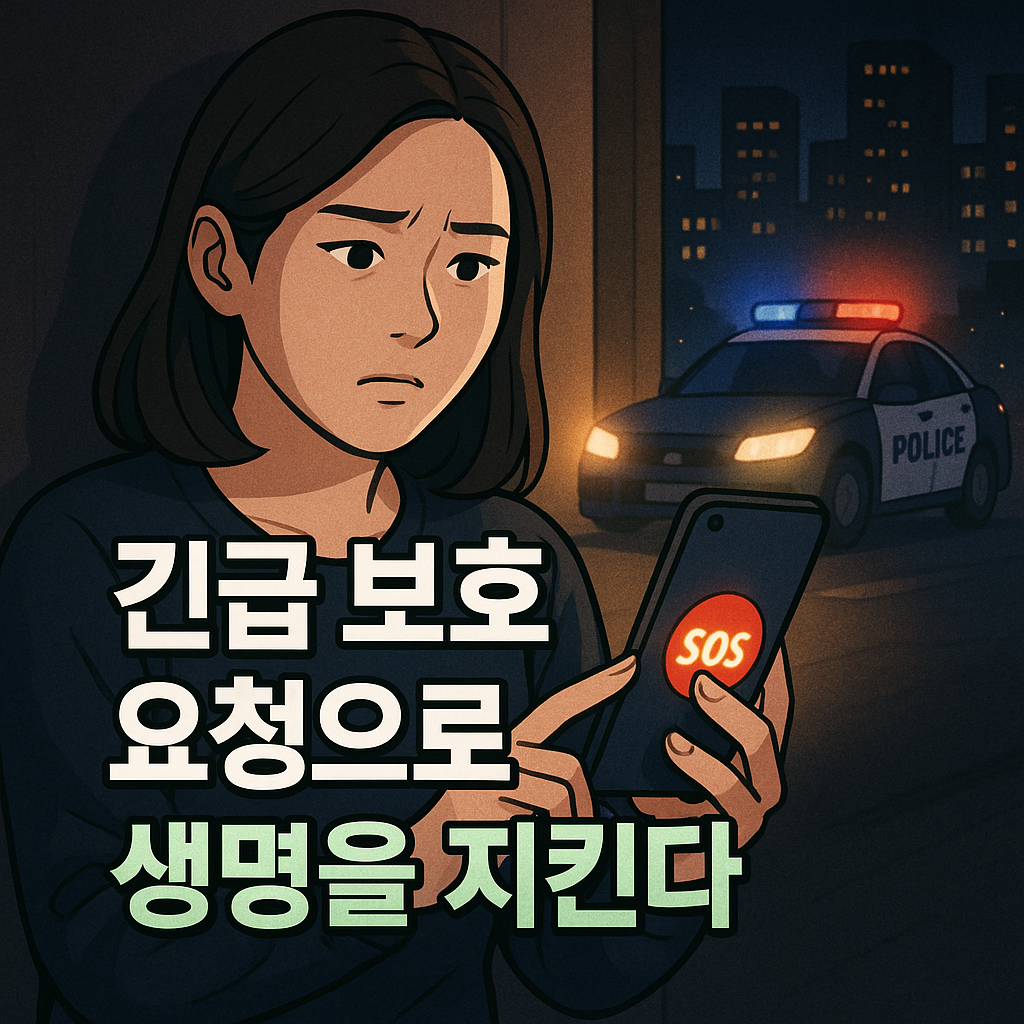 스마트폰으로 긴급 호출을 누르는 여성과 출동하는 경찰