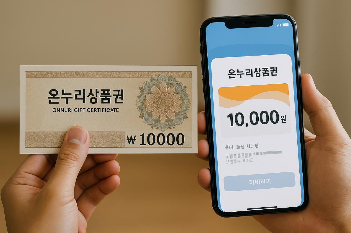 종이형 상품권과 모바일 앱에 표시된 모바일&middot;카드형 상품권