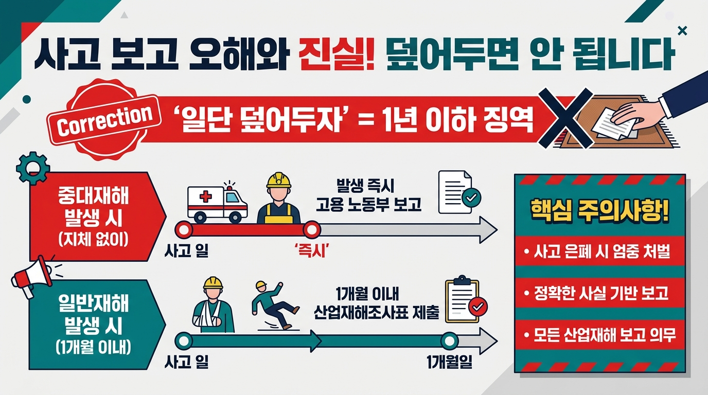 산업재해 은폐 징역 1년 vs 미보고 과태료 &mdash; 보고 의무 핵심 3분 정리 인포그래픽